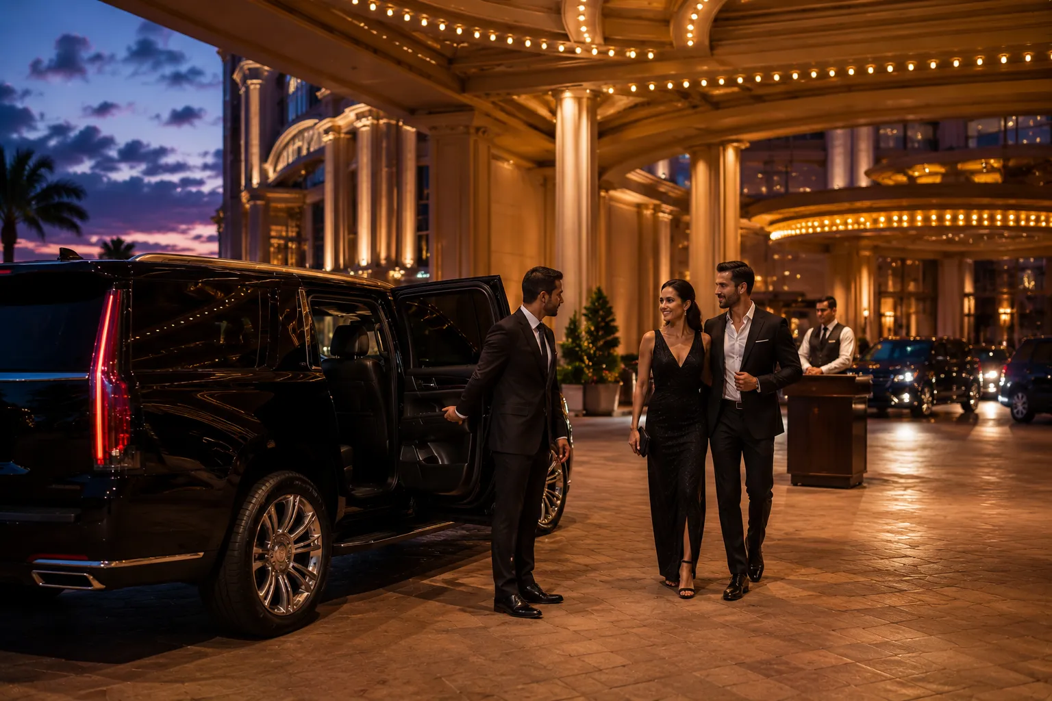 Casino Transportation Houston chauffeur greeting couple at valet entrance