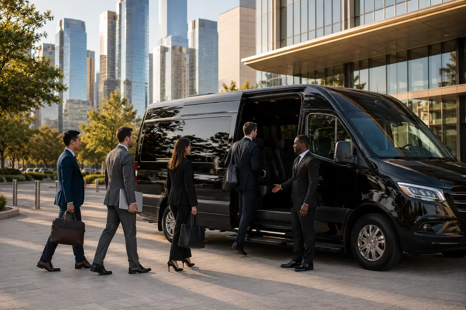 Corporate Transportation Houston business team boarding Sprinter van