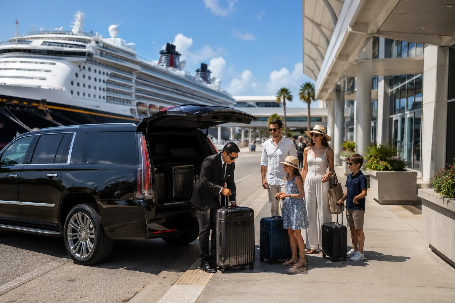 Cruise Port Transportation Houston family with luggage at Galveston terminal