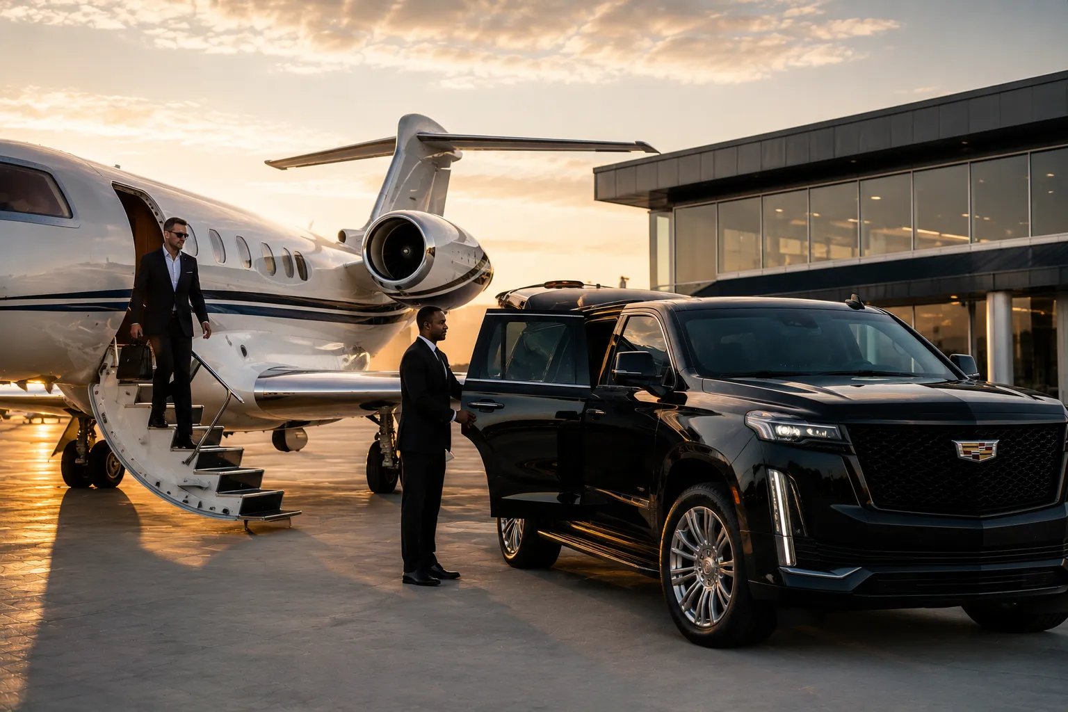 FBO Transportation Houston passenger descending private jet stairs to SUV
