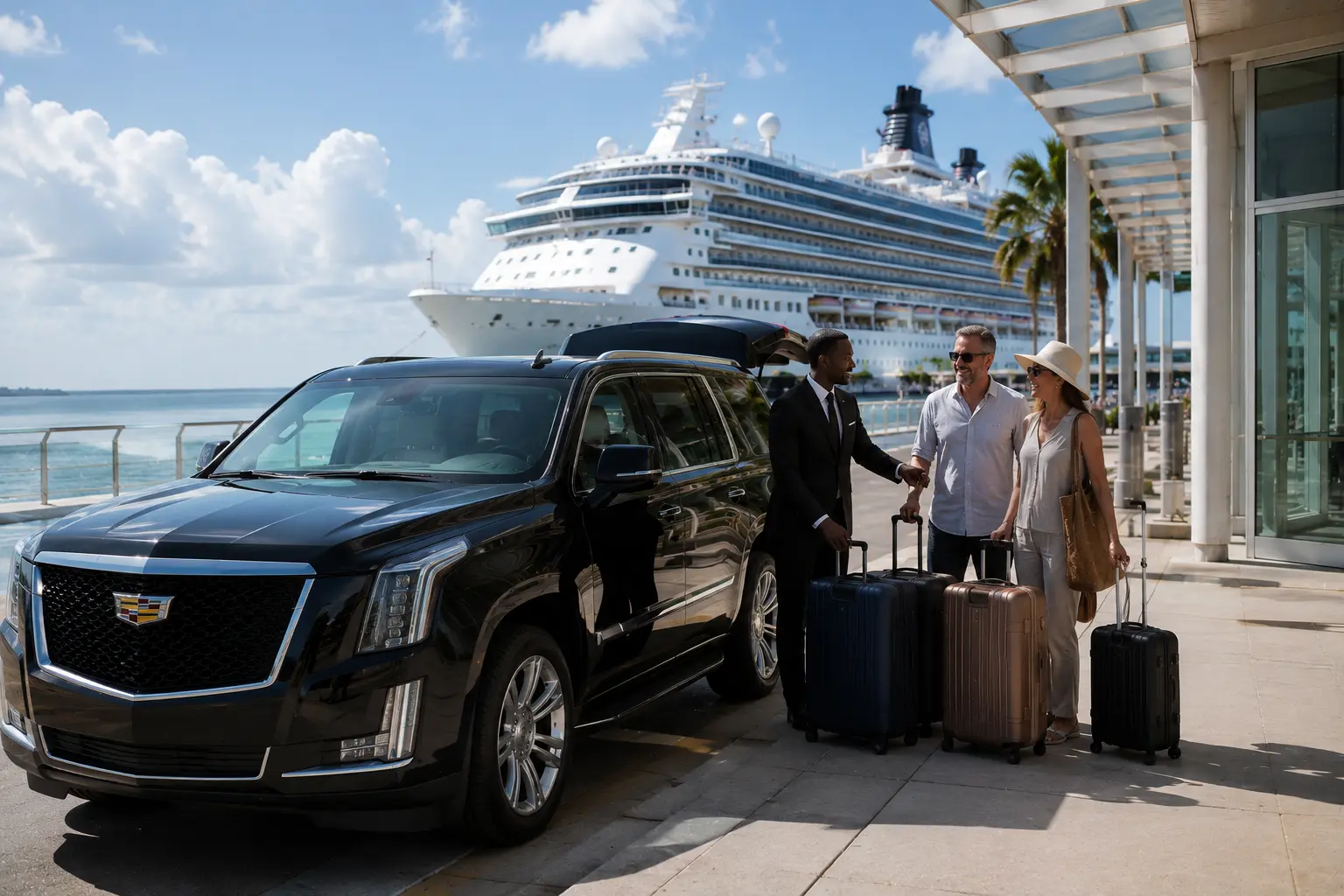 Cruise Port Transportation Houston couple with luggage at Galveston terminal