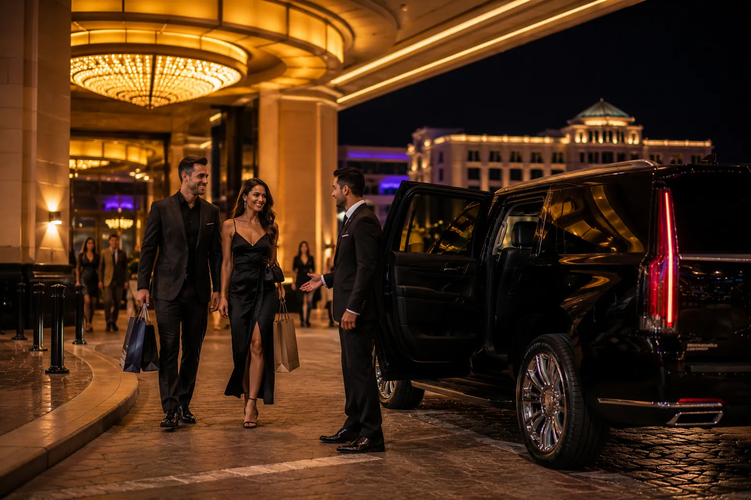 Casino Transportation Houston chauffeur opening SUV door at night