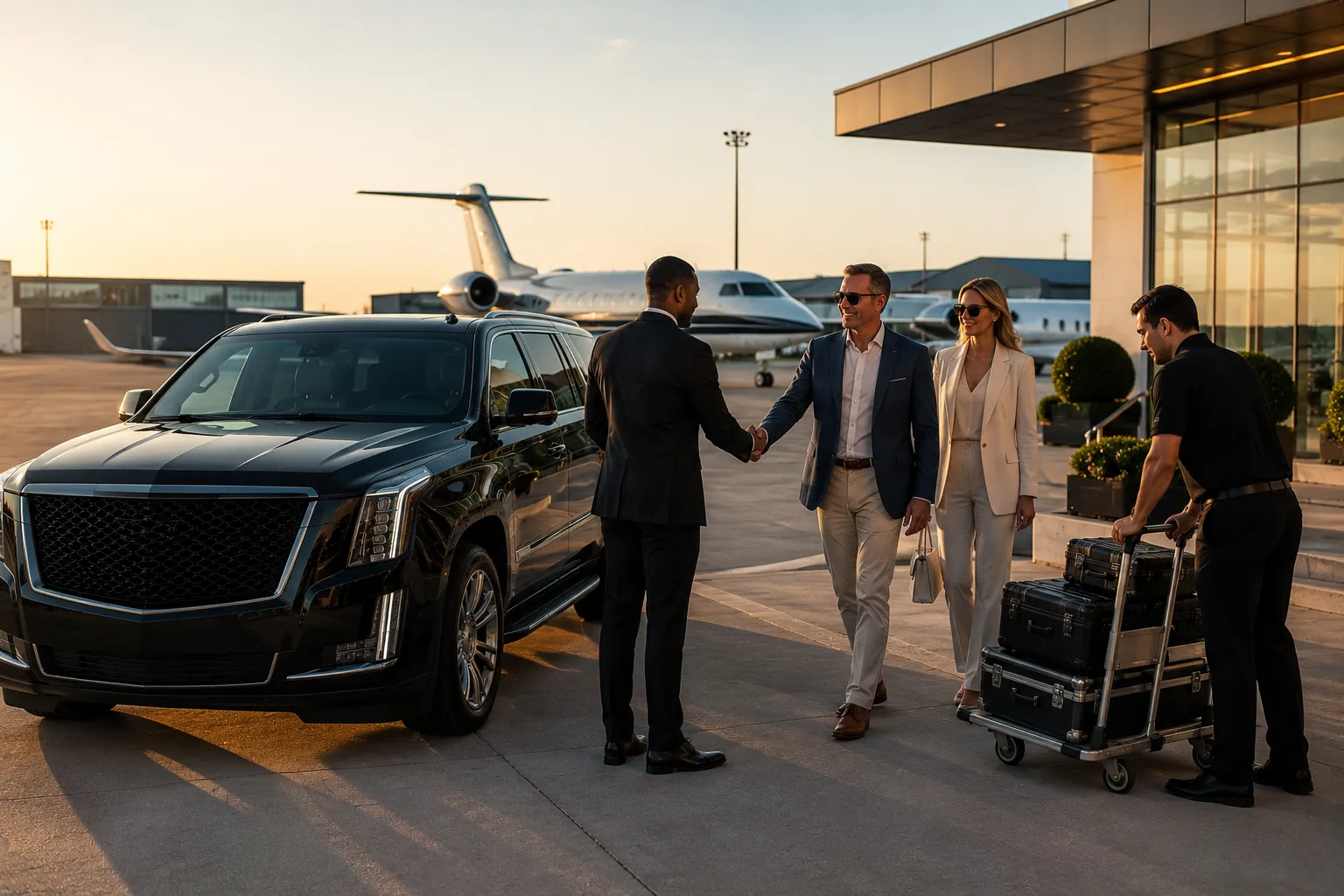 FBO Transportation Houston chauffeur greeting clients with luggage at private jet terminal