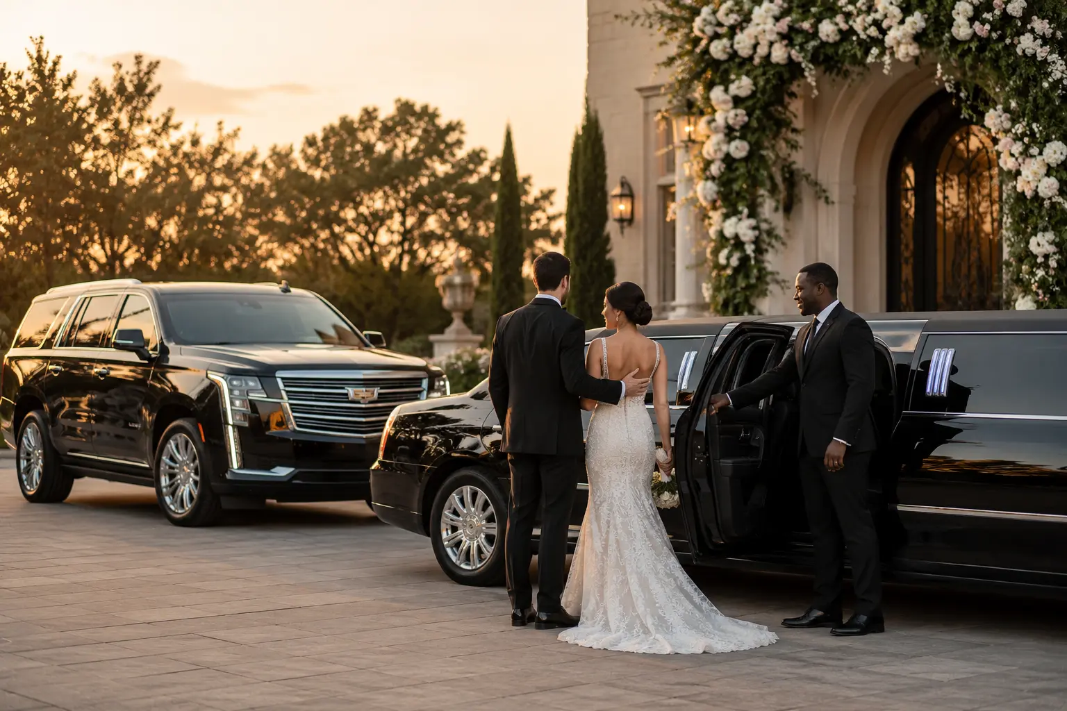 Wedding Transportation Houston — Luxury Limousine Wedding Transportation Houston bride and groom entering luxury limousine