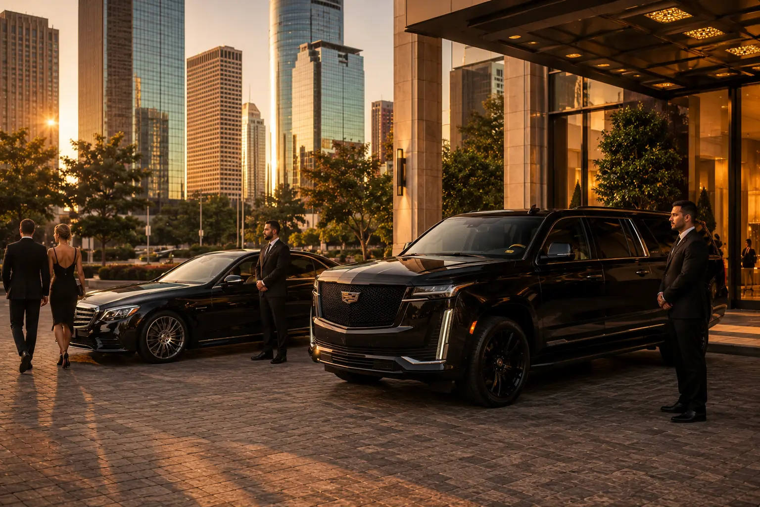 Luxury car service Houston chauffeurs with sedan and SUV at hotel pickup entrance