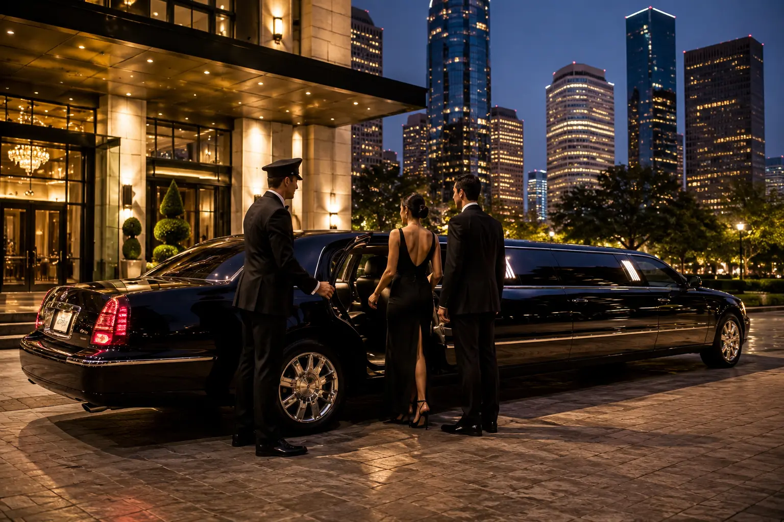 Houston TX Luxury Limousine — Hotel Arrival Houston TX Luxury Limousine chauffeur opening door for couple at hotel with Houston skyline