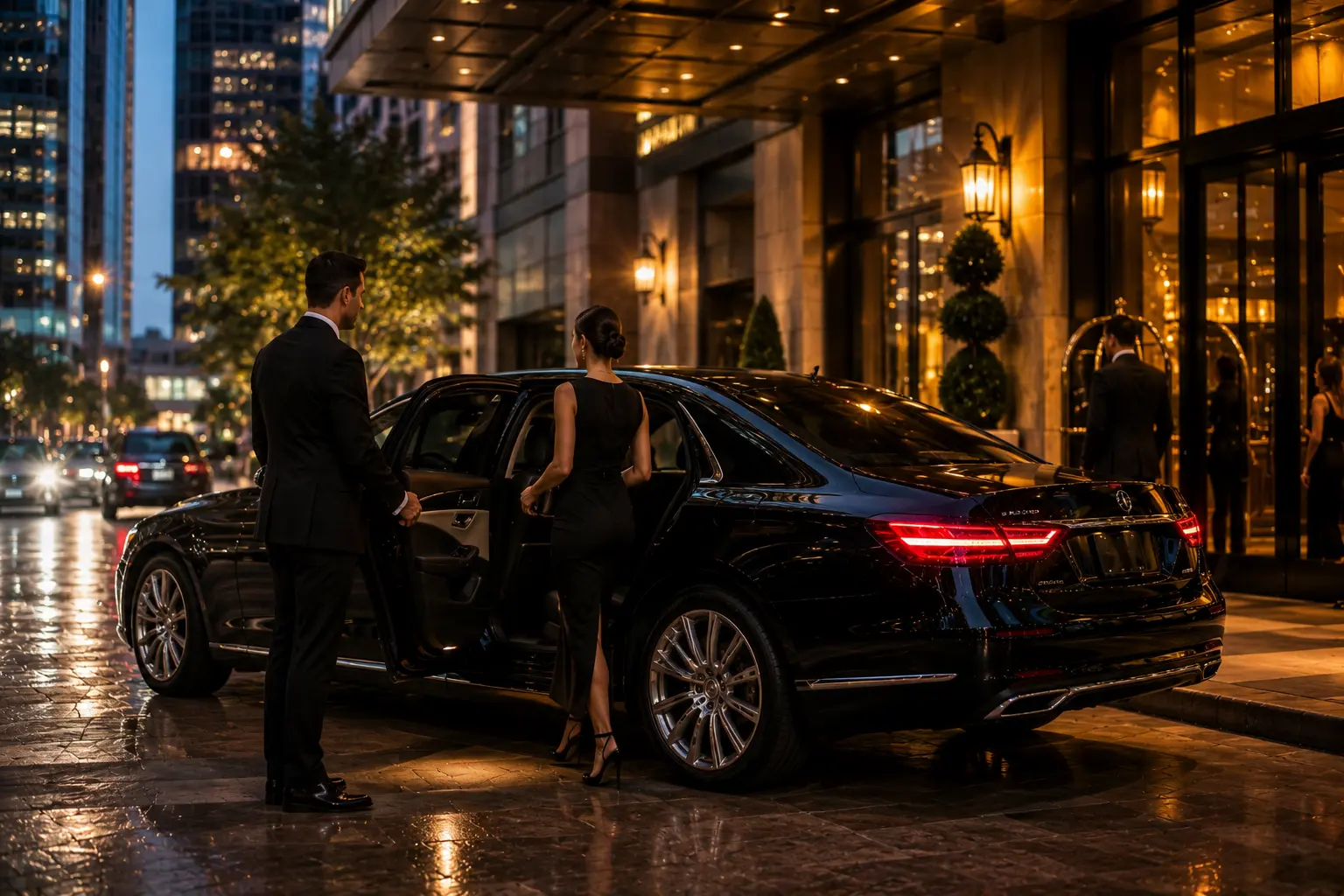 Luxury car service Houston sedan with chauffeur assisting guest at hotel entrance at night