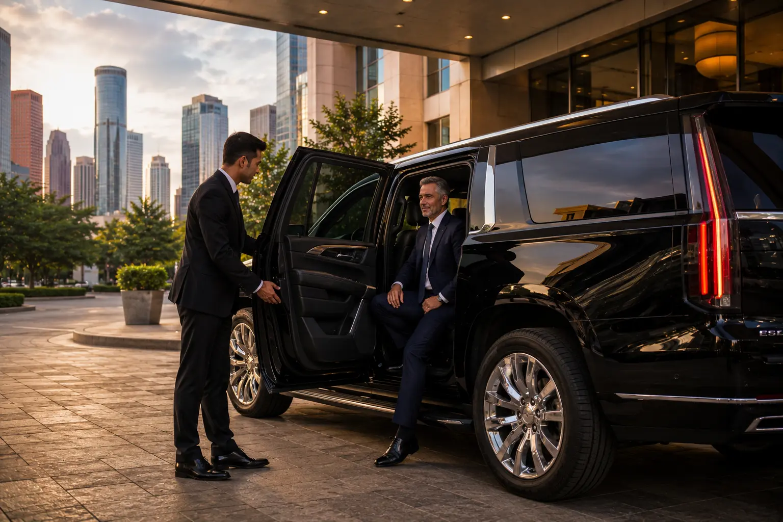 Luxury Chauffeur Service Houston — Executive SUV Interior Luxury chauffeur service Houston client relaxing in SUV interior with Houston skyline view