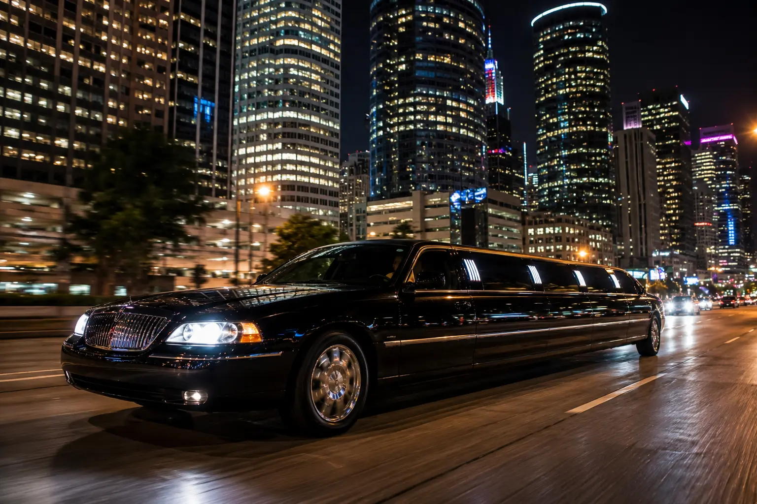 Houston TX Luxury Limousine — Downtown Drive Houston TX Luxury Limousine driving through downtown Houston at night