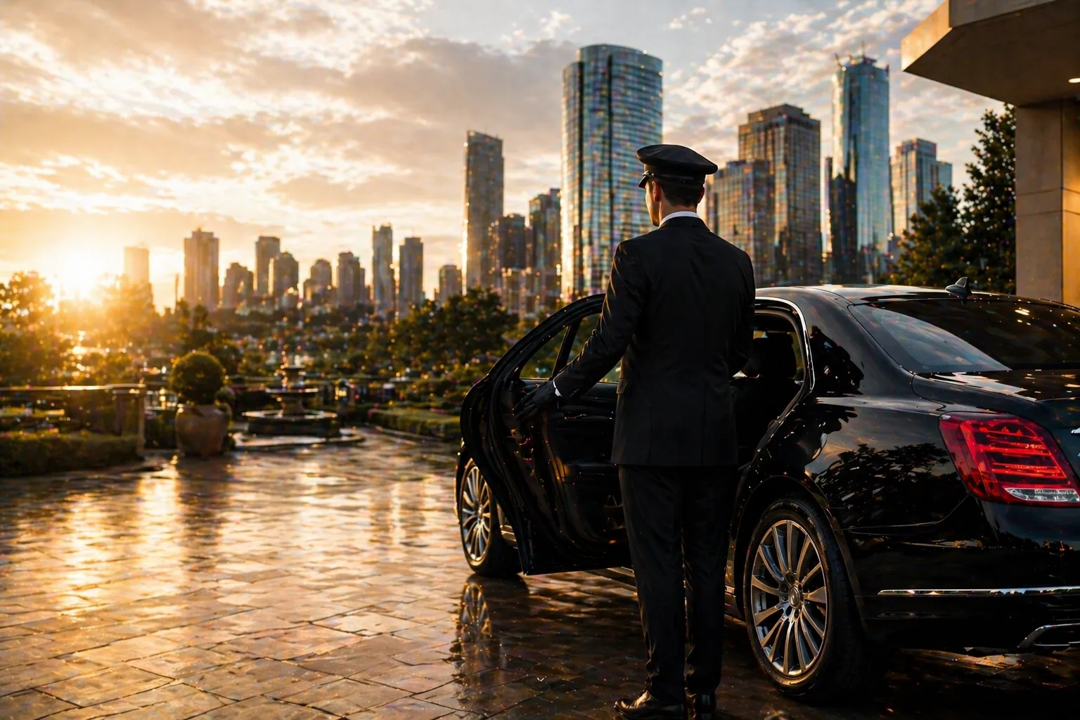 Chauffeur standing beside a black luxury sedan on a Houston street