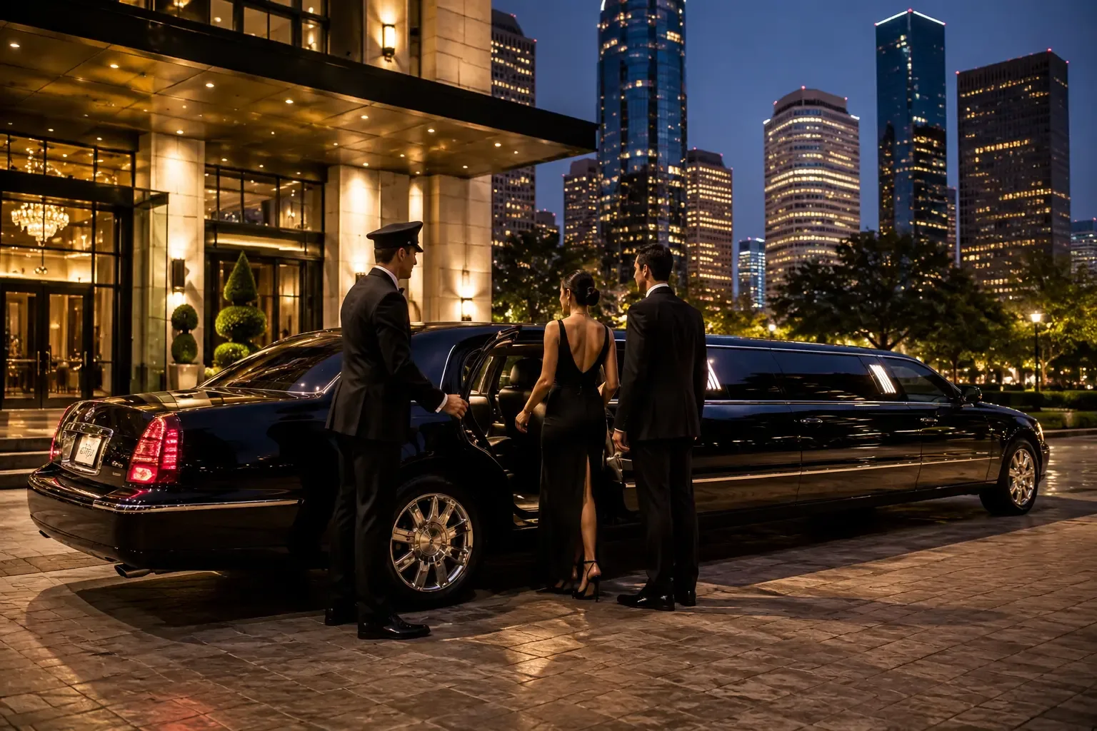 Stretch limousine arriving at a Houston hotel, one of the vehicle classes that sets limo prices