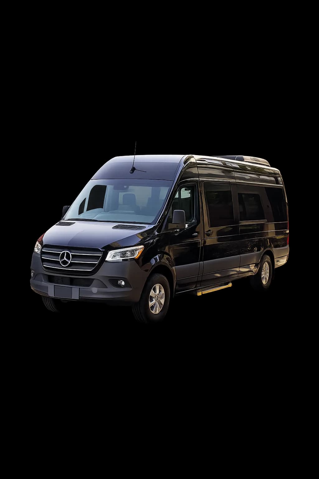 Black Mercedes Sprinter van with its side door open