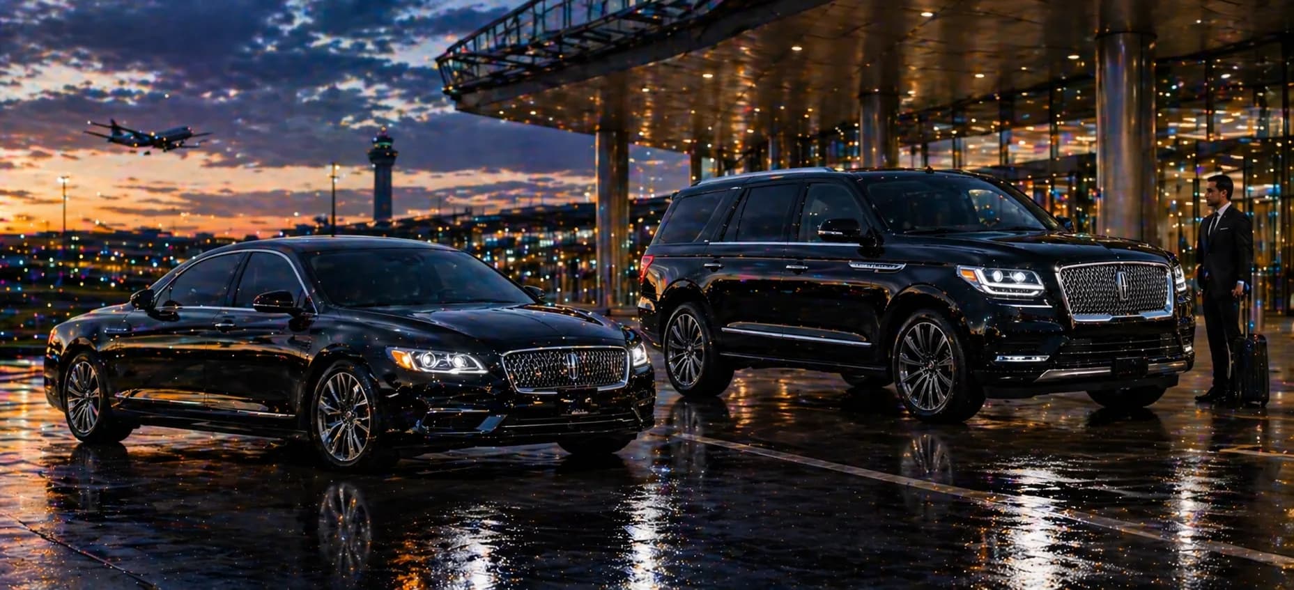 Luxury car waiting outside a Houston airport terminal