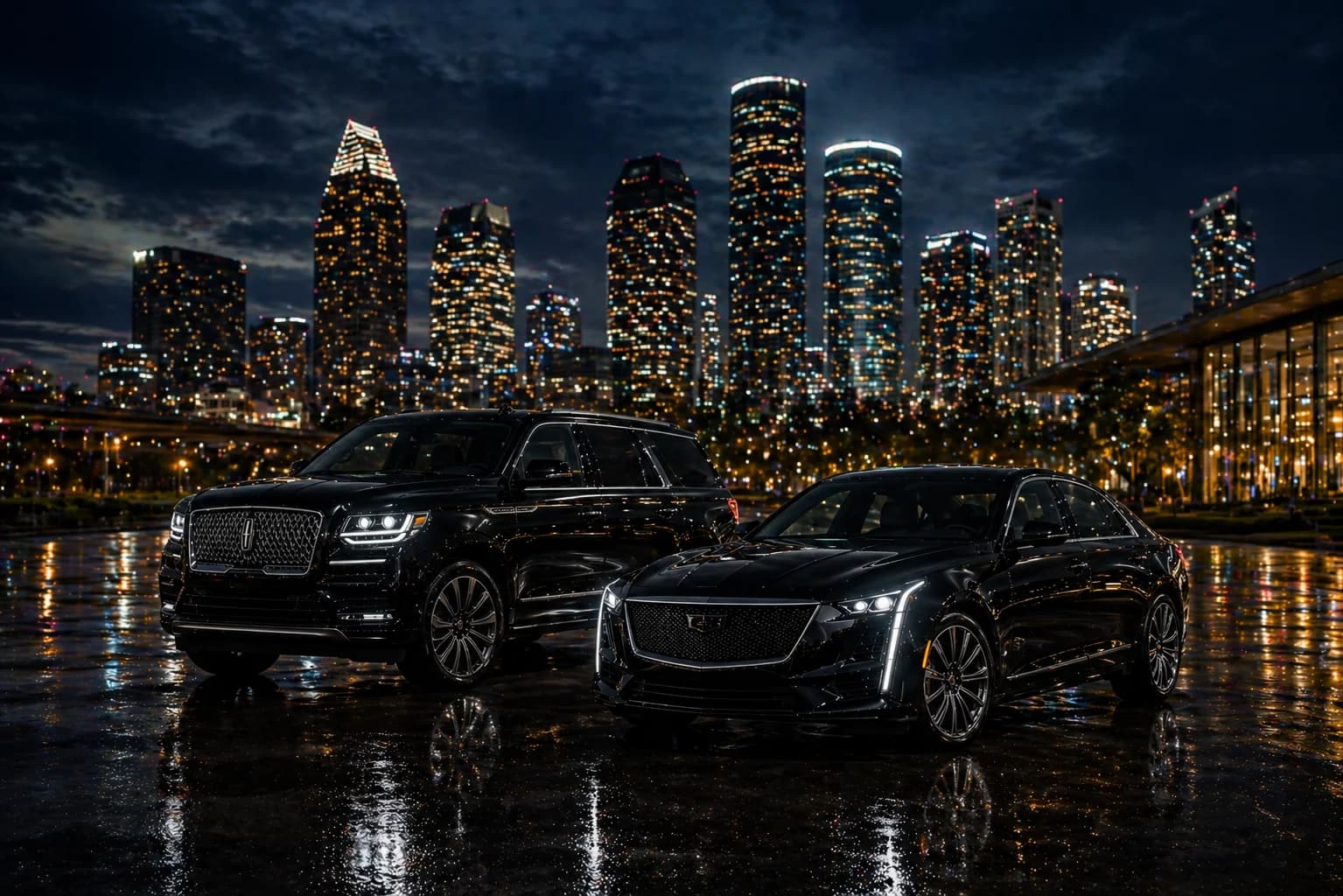 Chauffeur in uniform standing beside a black luxury car in Houston