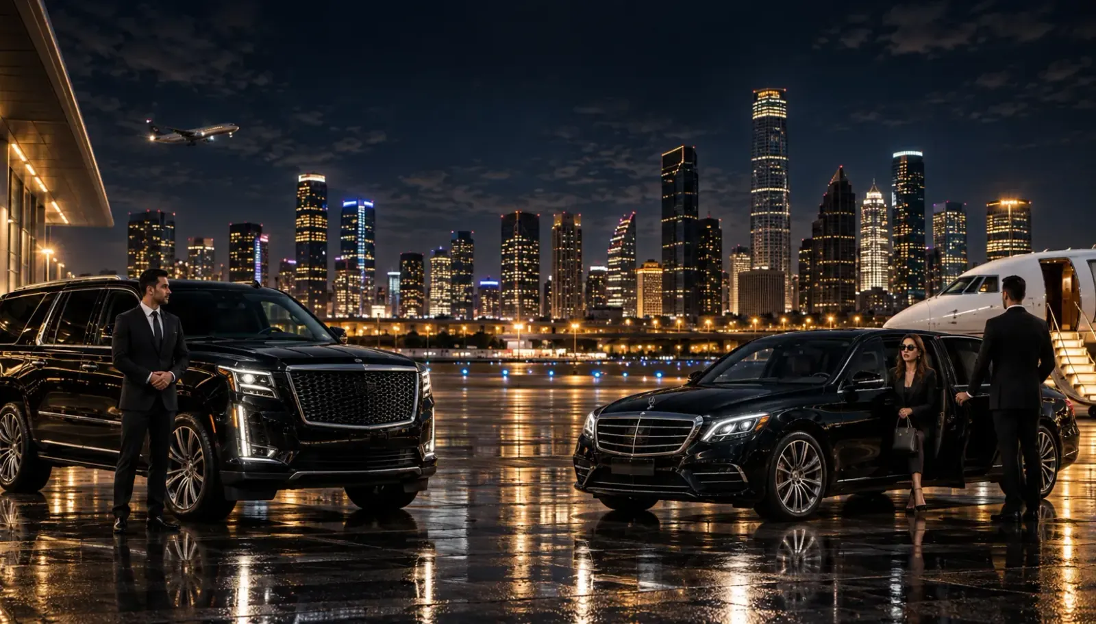 Luxury car on an American highway at dusk