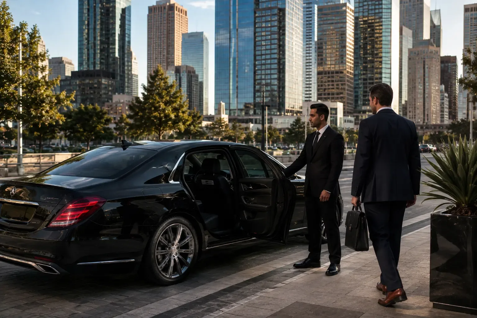 Black Car Service Houston chauffeur opening car door for client in downtown Houston