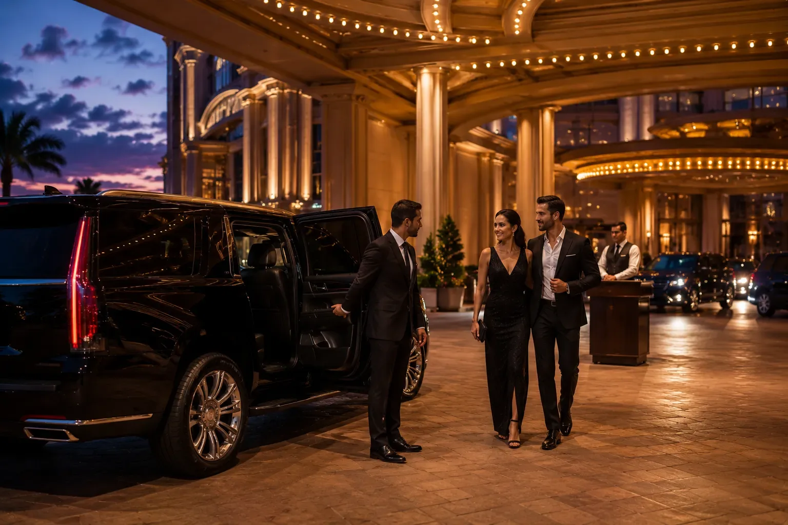 Casino Transportation Houston chauffeur greeting couple at valet entrance