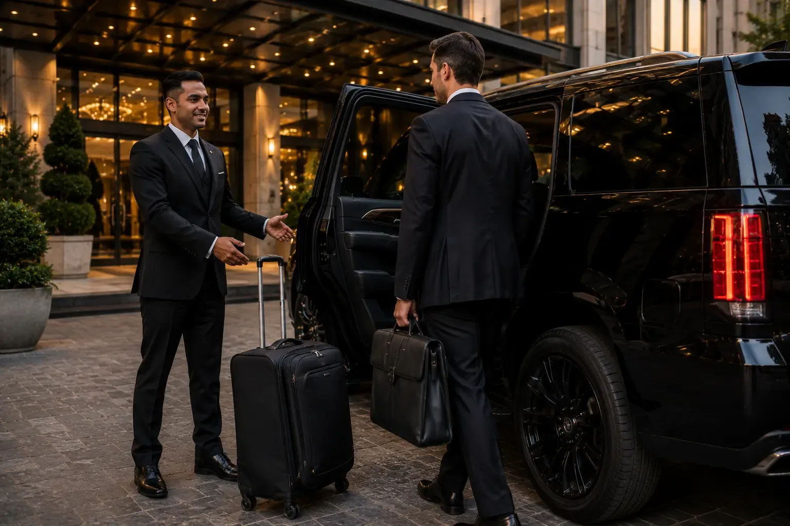 Chauffeur service Houston chauffeur greeting client with luggage at hotel entrance