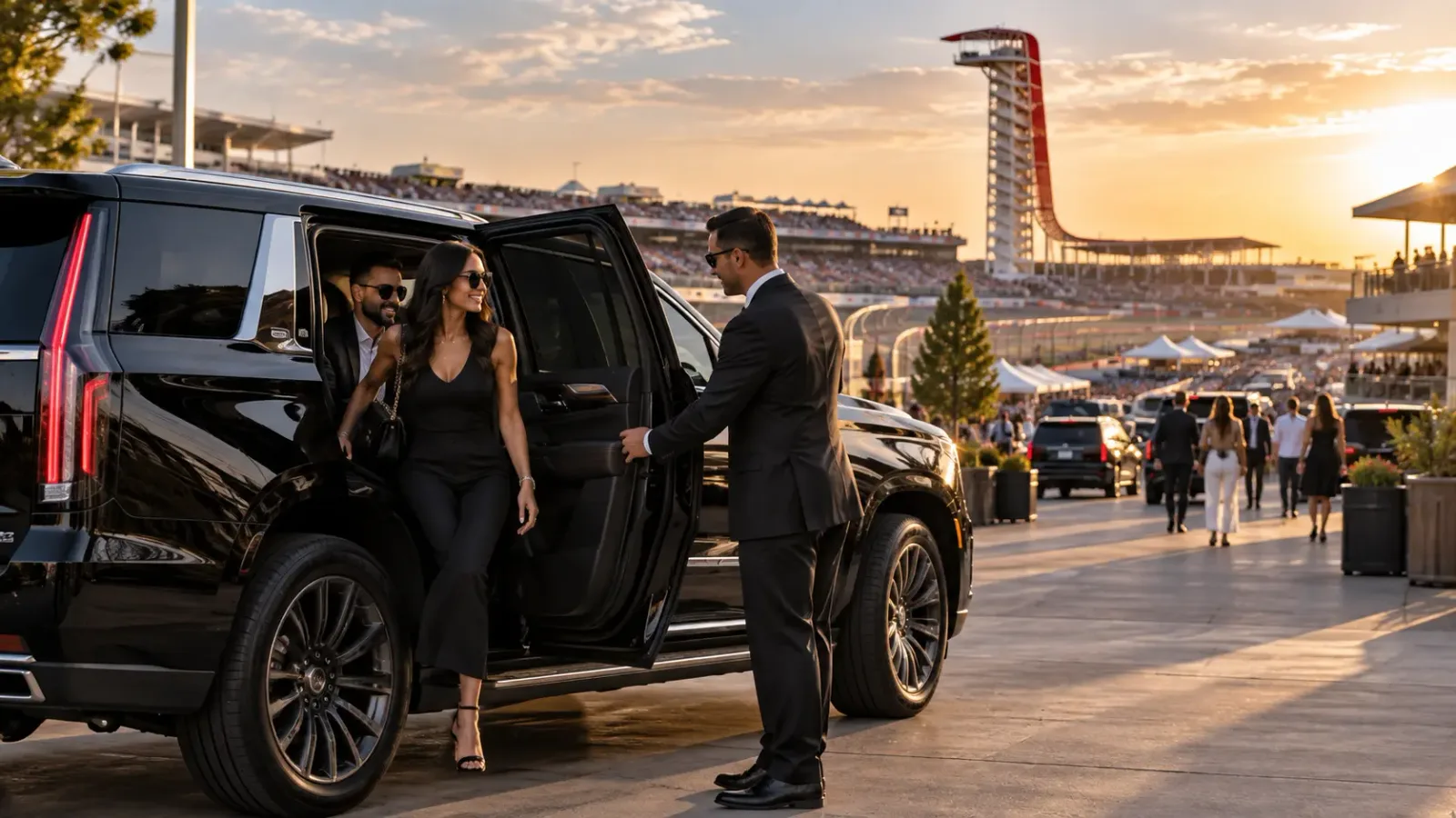 Circuit of the Americas transportation chauffeur greeting guests at COTA for Houston to Austin F1 transportation