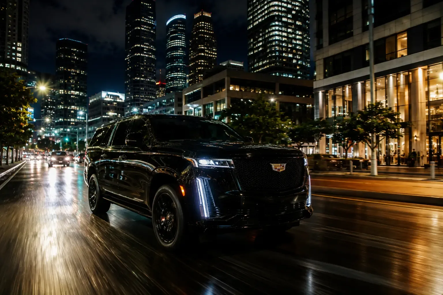 Black car service Houston SUV driving through downtown Houston at night