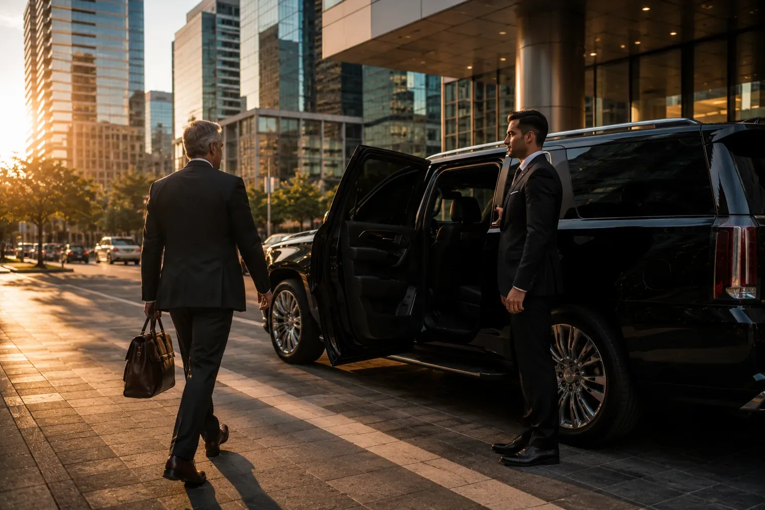 Houston executive car service fleet of SUVs and sedan outside corporate office building