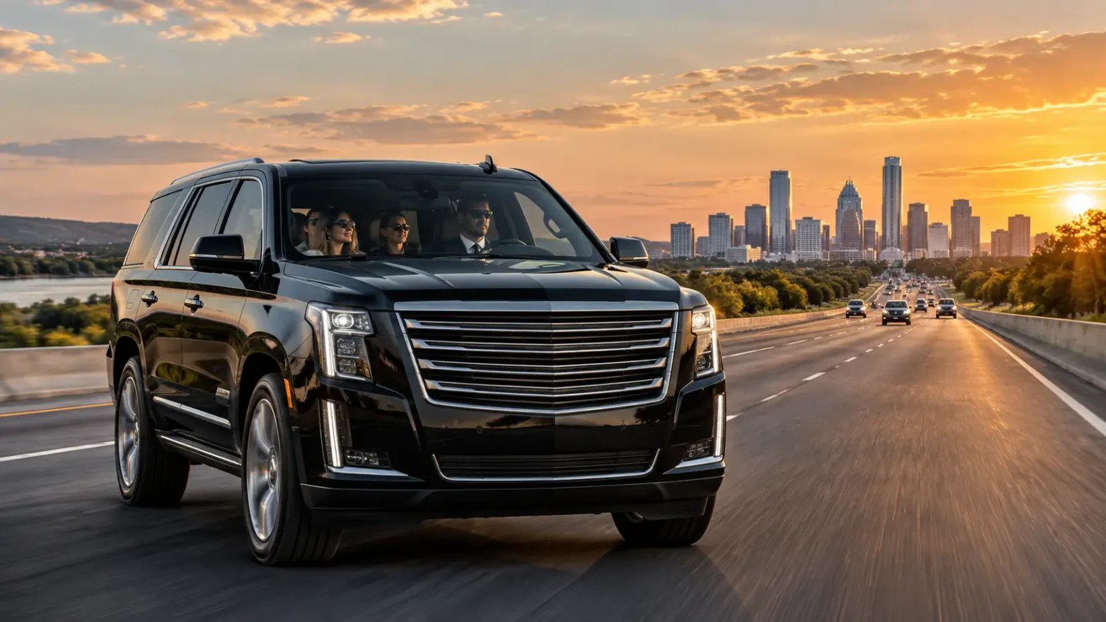 Houston to Austin F1 transportation private SUV driving toward the Austin skyline at sunset