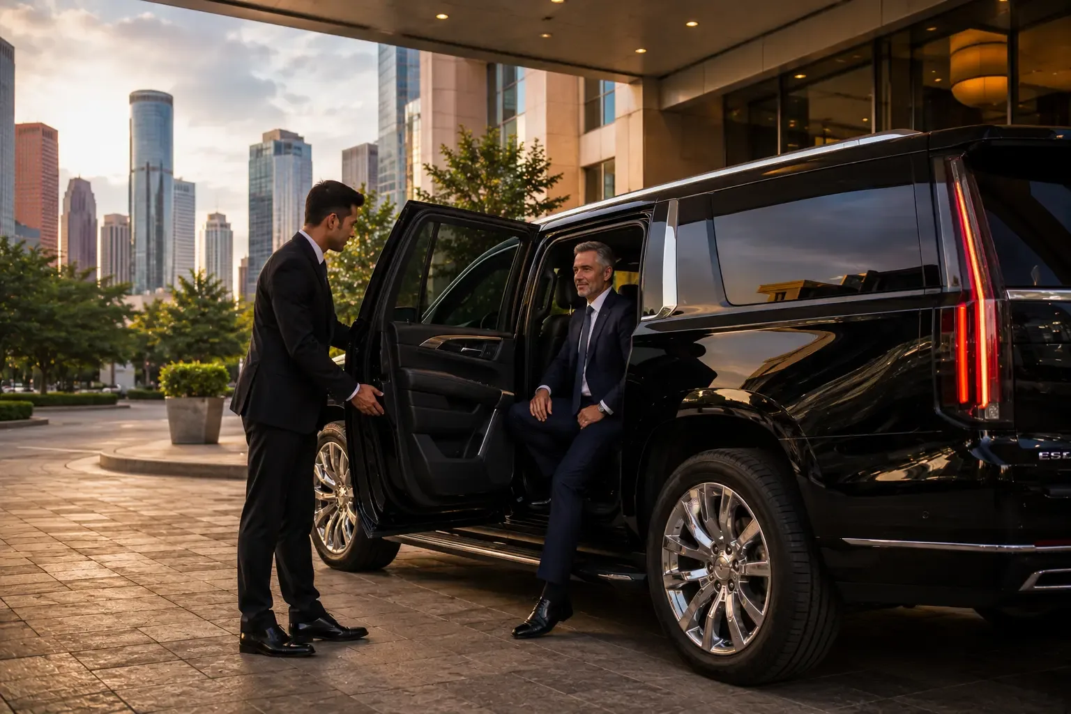 Luxury chauffeur service Houston client relaxing in SUV interior with Houston skyline view