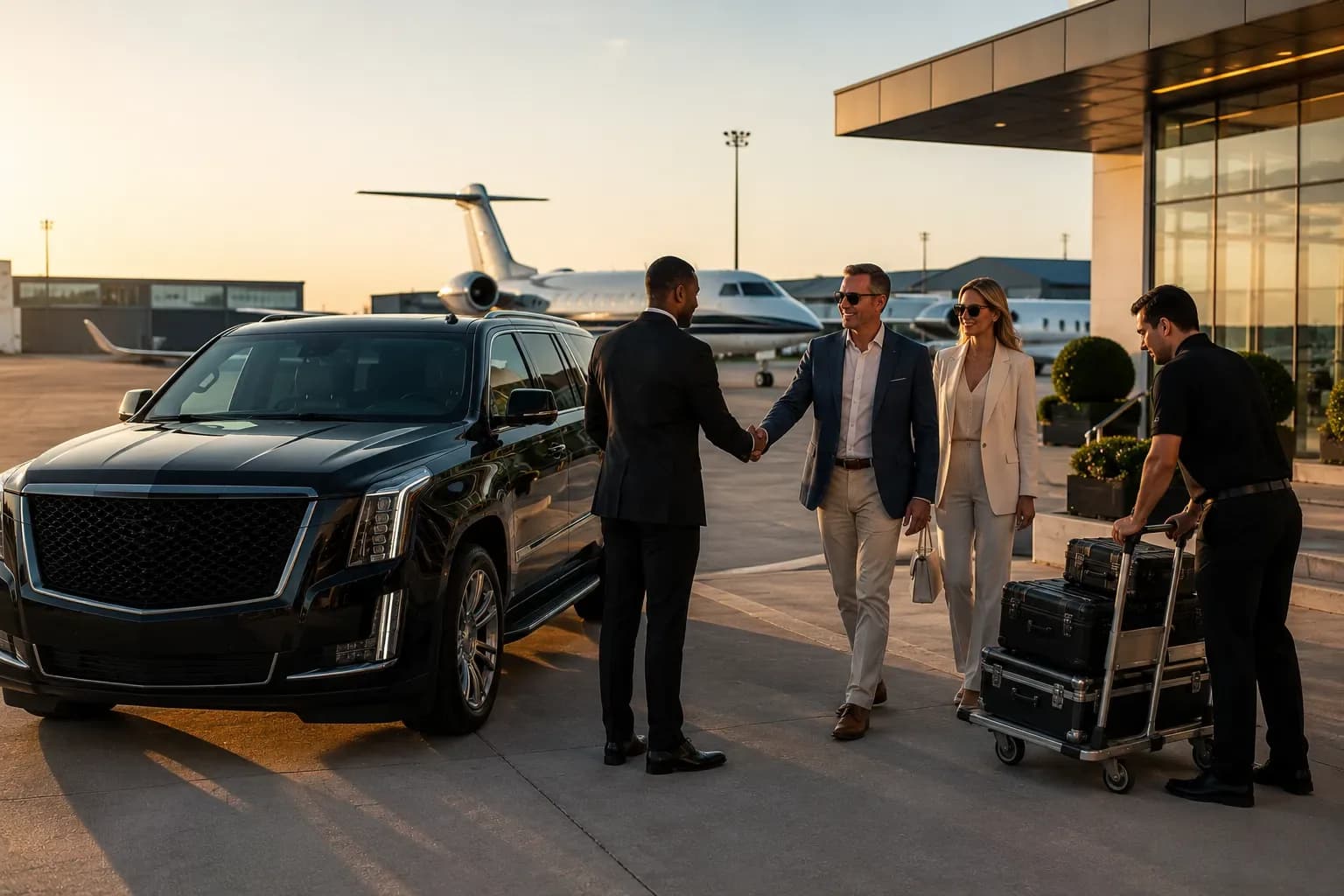 FBO Transportation Houston chauffeur greeting clients with luggage at private jet terminal