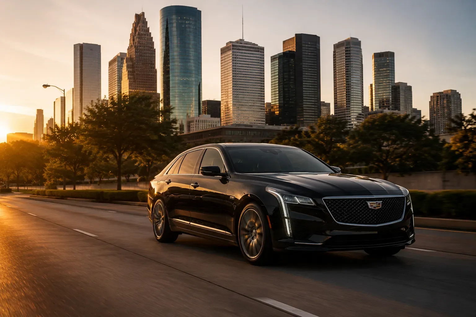 Car service Houston sedan driving through the city at sunset