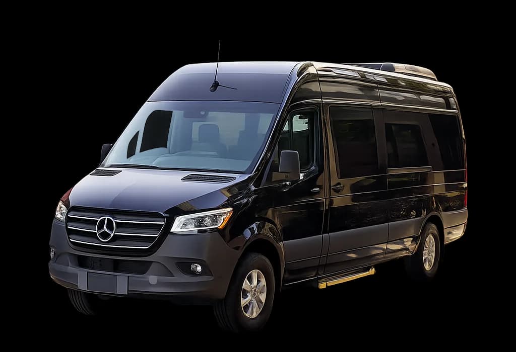 Black Mercedes Sprinter van seen from the side