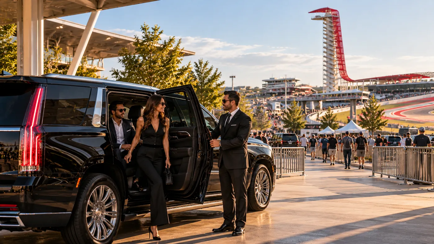 A chauffeur holding the door of a black SUV at the circuit entrance as two guests step out, the observation tower and grandstands behind