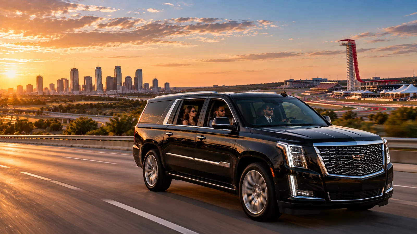 A black chauffeur-driven SUV on the highway into Austin at sunset, the city skyline on one side and the circuit's observation tower on the other