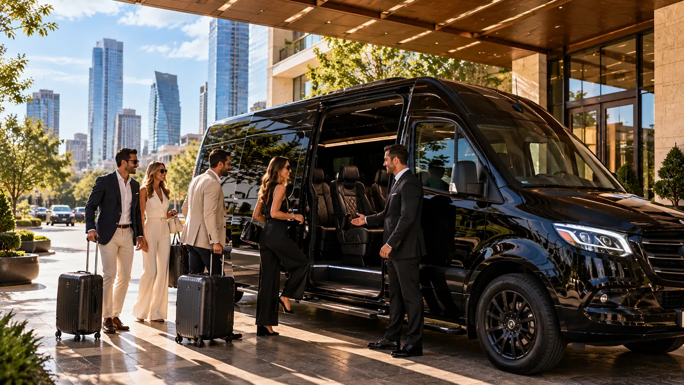 A chauffeur welcoming four guests with luggage into a black Mercedes Sprinter van under a hotel portico