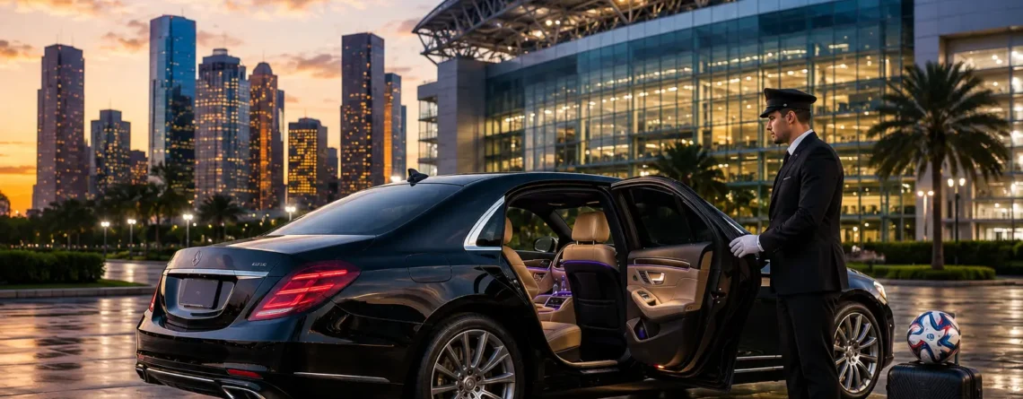Luxury black sedan with chauffeur outside a modern Houston stadium at dusk for FIFA World Cup transportation services.