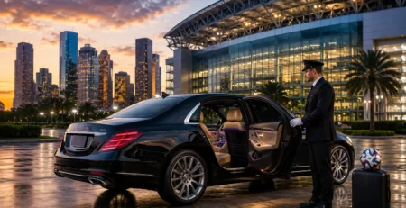Luxury black sedan with chauffeur outside a modern Houston stadium at dusk for FIFA World Cup transportation services.