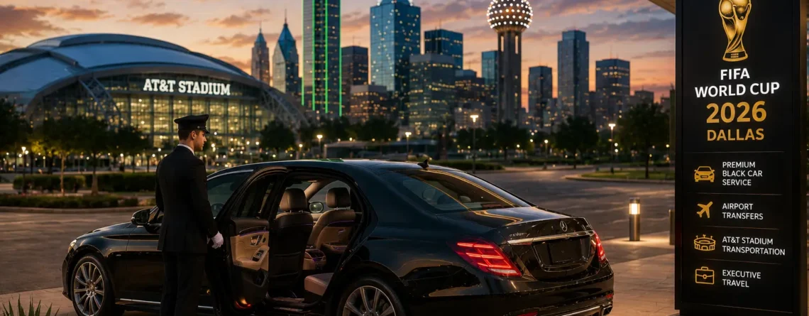 Luxury black sedan with professional chauffeur outside AT&T Stadium in Dallas during sunset for FIFA World Cup 2026 transportation services.