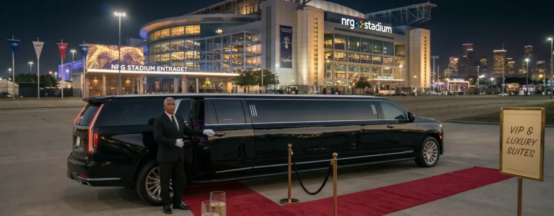 A professional chauffeur opening the door of a luxury black stretch SUV limousine on a red carpet outside NRG Stadium in Houston at night.