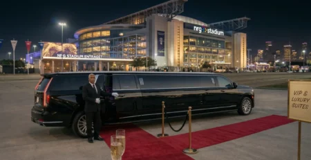 A professional chauffeur opening the door of a luxury black stretch SUV limousine on a red carpet outside NRG Stadium in Houston at night.
