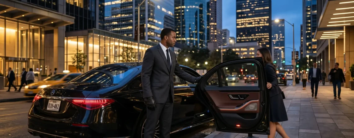 A professional chauffeur opening the door of a luxury black Mercedes sedan for a businesswoman in the downtown corporate district at dusk.