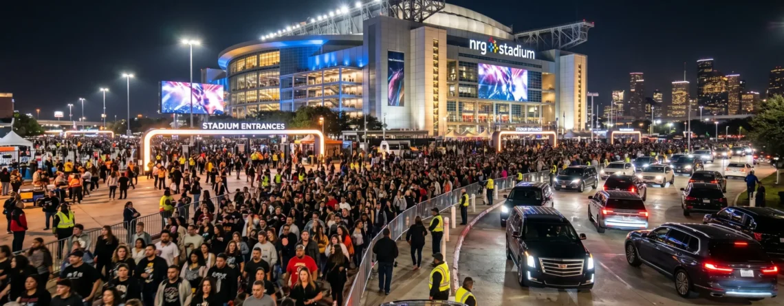 Black Cadillac Escalade luxury SUV with chauffeur opening door for VIP client outside NRG Stadium Houston at night