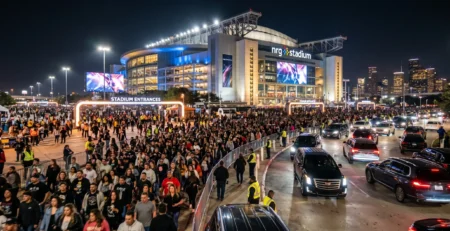 Black Cadillac Escalade luxury SUV with chauffeur opening door for VIP client outside NRG Stadium Houston at night