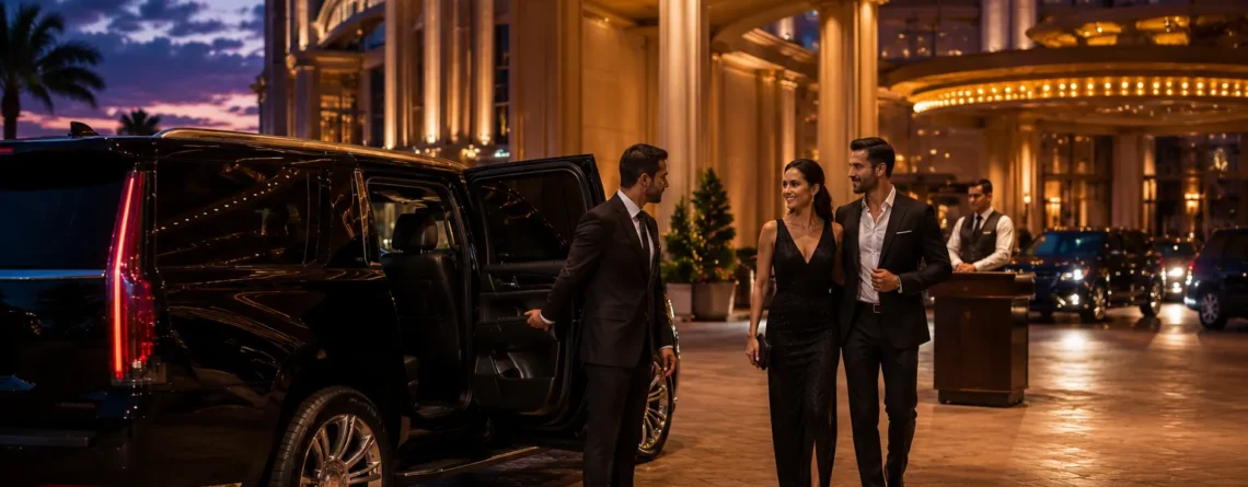 Chauffeur greeting couple beside luxury SUV at casino valet entrance at dusk