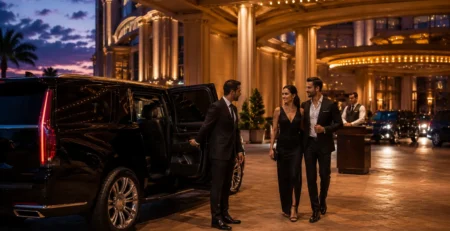 Chauffeur greeting couple beside luxury SUV at casino valet entrance at dusk