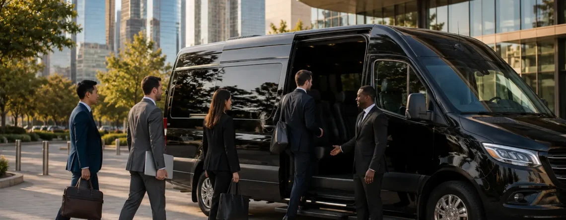 Business team boarding black Mercedes Sprinter van for corporate group transportation Houston