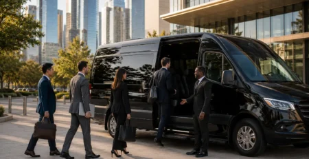 Business team boarding black Mercedes Sprinter van for corporate group transportation Houston