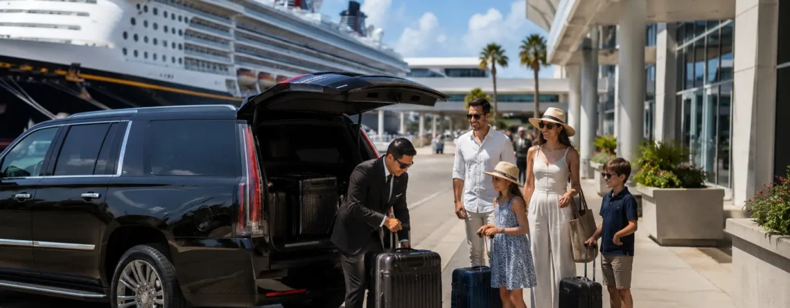 Chauffeur loading luggage into black Cadillac Escalade for family at Galveston cruise port