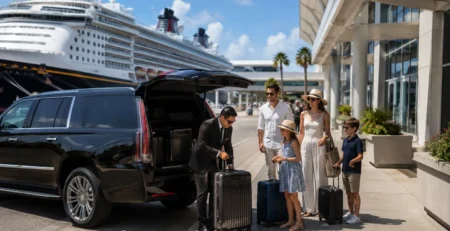 Chauffeur loading luggage into black Cadillac Escalade for family at Galveston cruise port