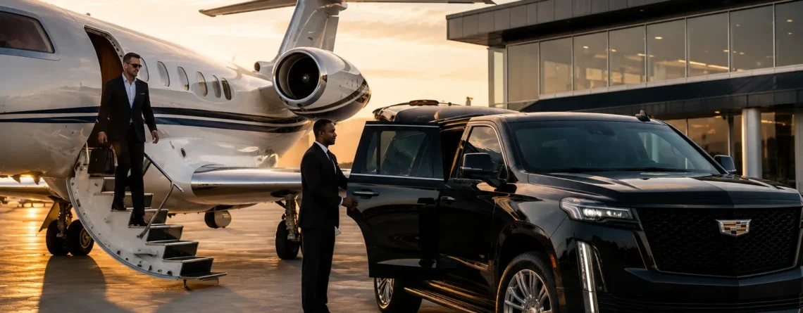 Chauffeur opening SUV door for passenger descending private jet stairs at Houston FBO