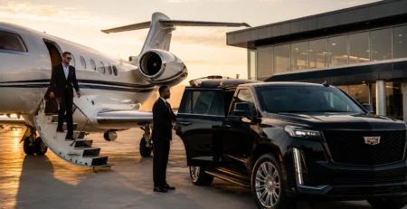 Chauffeur opening SUV door for passenger descending private jet stairs at Houston FBO