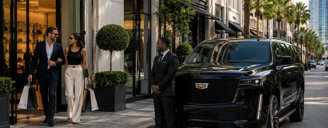 Chauffeur waiting beside black Cadillac Escalade for hourly chauffeur service Houston River Oaks shopping